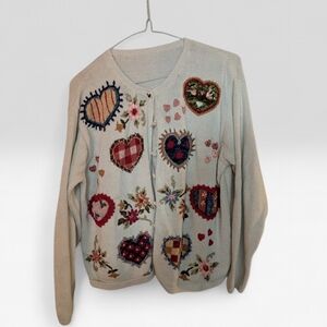 Vintage Embroidered Heart Cardigan | Folk Art Floral Knit | Cottagecore